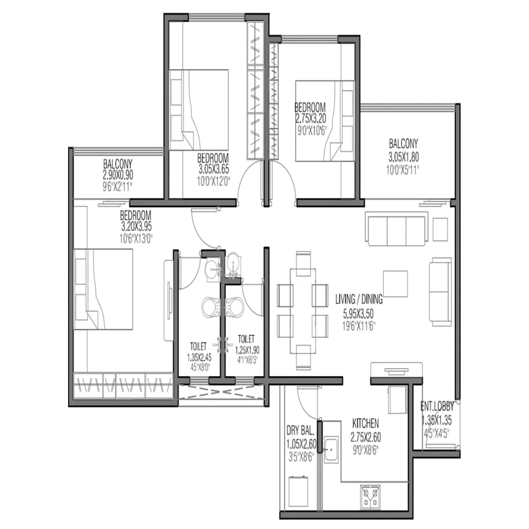 Silver Meteor Tathawade 3BHK Floorplan